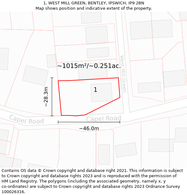 1, WEST MILL GREEN, BENTLEY, IPSWICH, IP9 2BN: Plot and title map