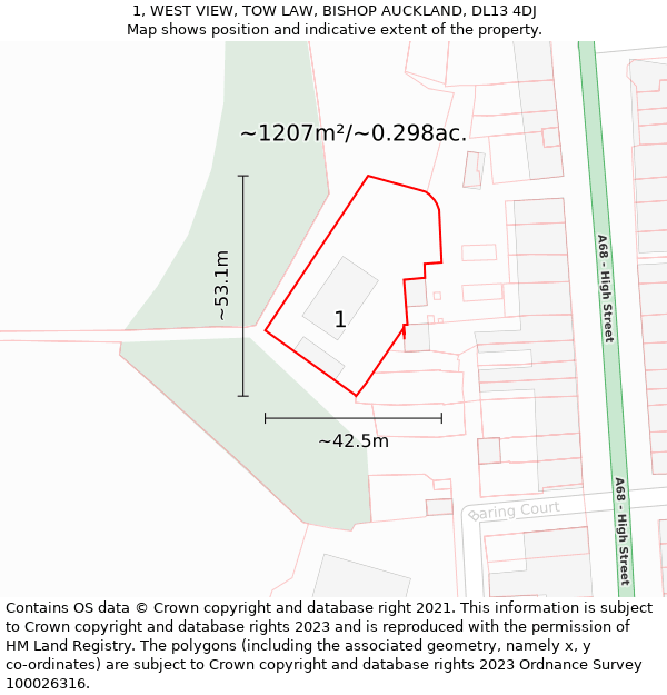 1, WEST VIEW, TOW LAW, BISHOP AUCKLAND, DL13 4DJ: Plot and title map