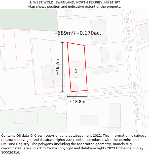 1, WEST WOLD, SWANLAND, NORTH FERRIBY, HU14 3PT: Plot and title map