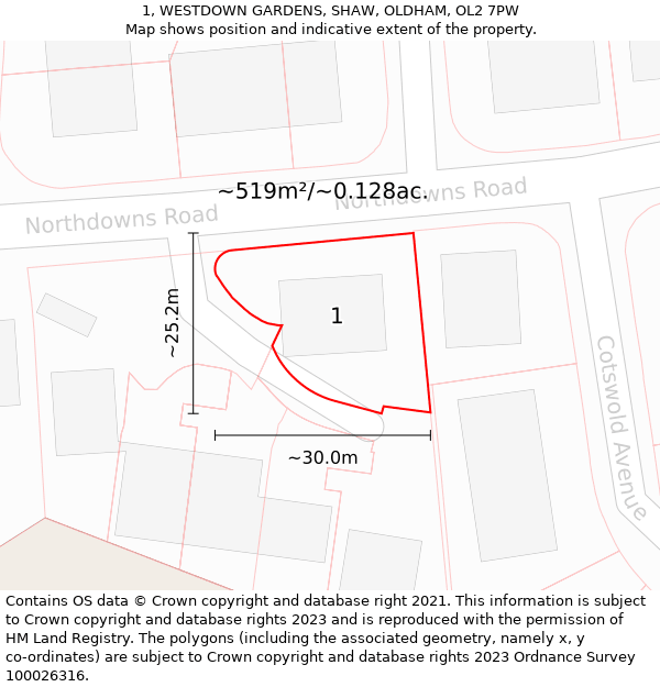 1, WESTDOWN GARDENS, SHAW, OLDHAM, OL2 7PW: Plot and title map