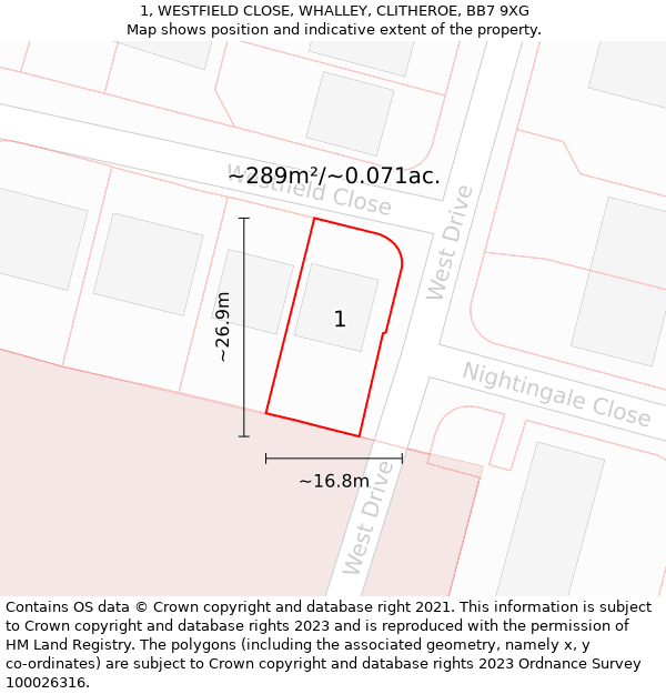 1, WESTFIELD CLOSE, WHALLEY, CLITHEROE, BB7 9XG: Plot and title map