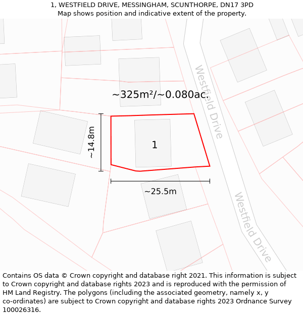 1, WESTFIELD DRIVE, MESSINGHAM, SCUNTHORPE, DN17 3PD: Plot and title map