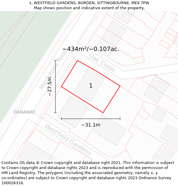 1, WESTFIELD GARDENS, BORDEN, SITTINGBOURNE, ME9 7PW: Plot and title map