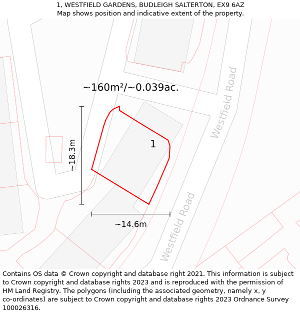 1, WESTFIELD GARDENS, BUDLEIGH SALTERTON, EX9 6AZ: Plot and title map