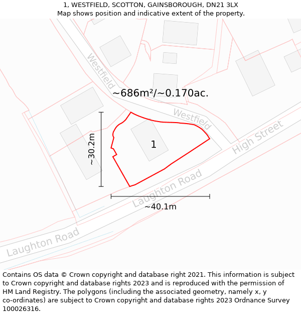 1, WESTFIELD, SCOTTON, GAINSBOROUGH, DN21 3LX: Plot and title map