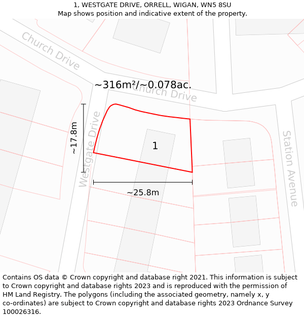 1, WESTGATE DRIVE, ORRELL, WIGAN, WN5 8SU: Plot and title map