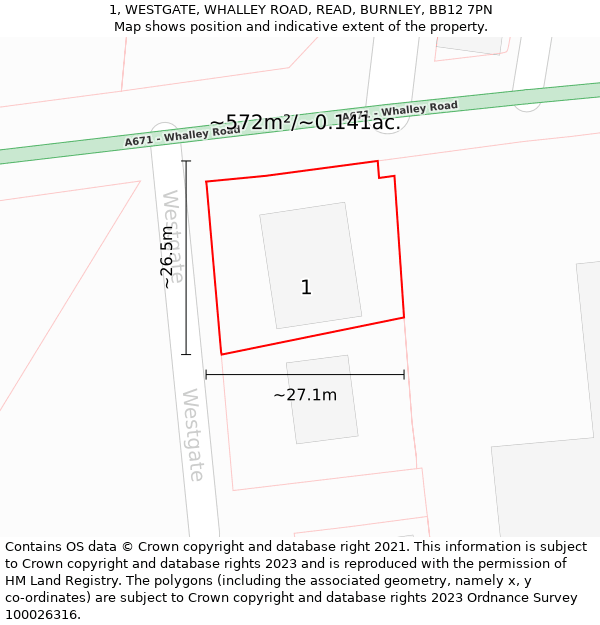 1, WESTGATE, WHALLEY ROAD, READ, BURNLEY, BB12 7PN: Plot and title map