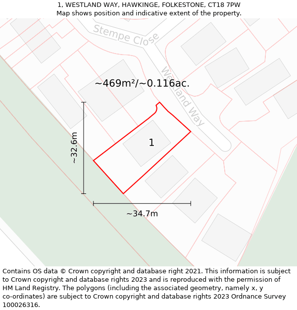 1, WESTLAND WAY, HAWKINGE, FOLKESTONE, CT18 7PW: Plot and title map