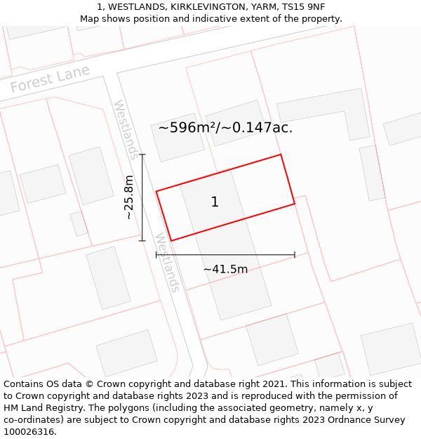 1, WESTLANDS, KIRKLEVINGTON, YARM, TS15 9NF: Plot and title map