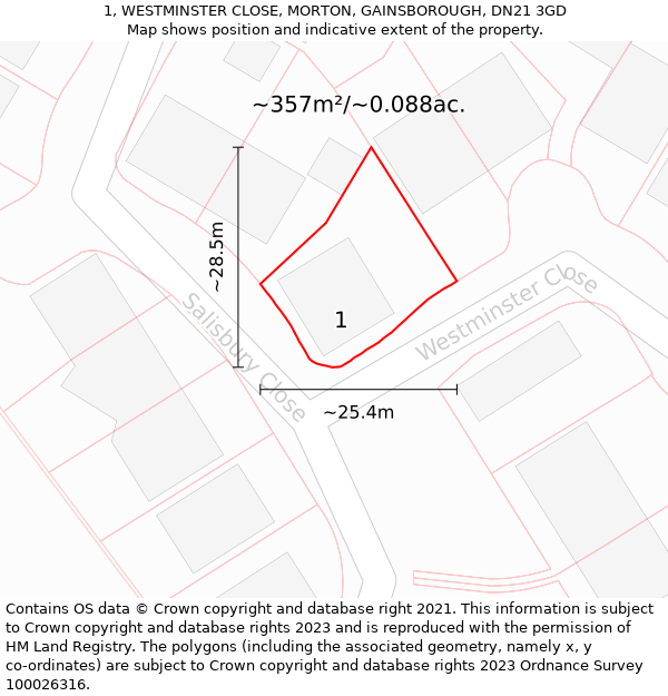 1, WESTMINSTER CLOSE, MORTON, GAINSBOROUGH, DN21 3GD: Plot and title map