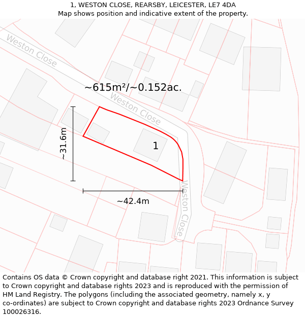 1, WESTON CLOSE, REARSBY, LEICESTER, LE7 4DA: Plot and title map