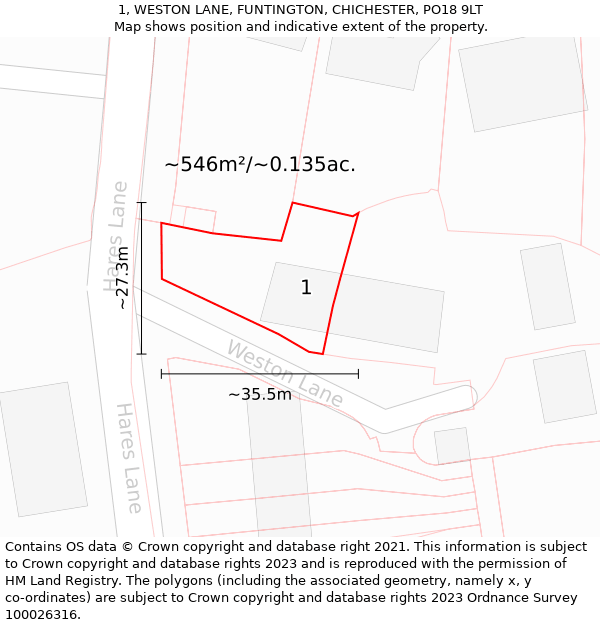 1, WESTON LANE, FUNTINGTON, CHICHESTER, PO18 9LT: Plot and title map