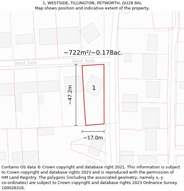 1, WESTSIDE, TILLINGTON, PETWORTH, GU28 9AL: Plot and title map