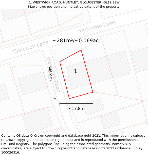 1, WESTWICK ROAD, HUNTLEY, GLOUCESTER, GL19 3EW: Plot and title map