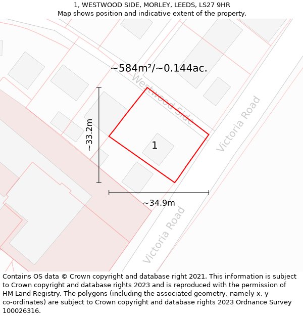 1, WESTWOOD SIDE, MORLEY, LEEDS, LS27 9HR: Plot and title map