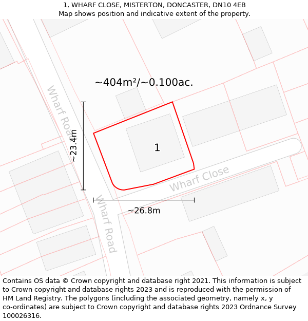 1, WHARF CLOSE, MISTERTON, DONCASTER, DN10 4EB: Plot and title map