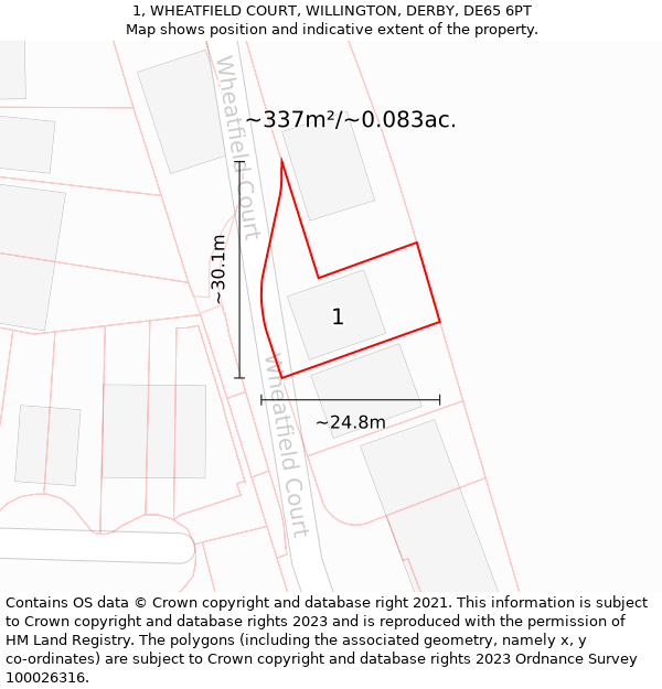 1, WHEATFIELD COURT, WILLINGTON, DERBY, DE65 6PT: Plot and title map