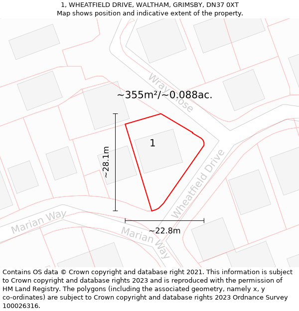 1, WHEATFIELD DRIVE, WALTHAM, GRIMSBY, DN37 0XT: Plot and title map