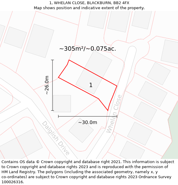 1, WHELAN CLOSE, BLACKBURN, BB2 4FX: Plot and title map