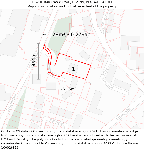 1, WHITBARROW GROVE, LEVENS, KENDAL, LA8 8LT: Plot and title map