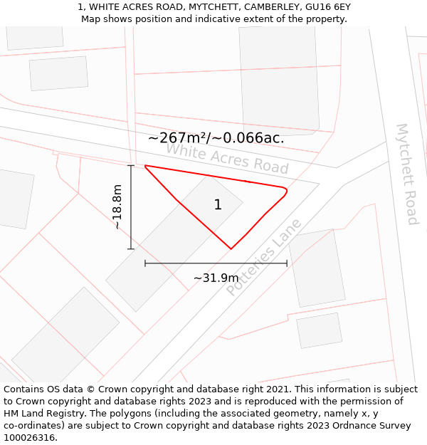 1, WHITE ACRES ROAD, MYTCHETT, CAMBERLEY, GU16 6EY: Plot and title map