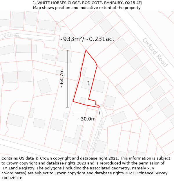 1, WHITE HORSES CLOSE, BODICOTE, BANBURY, OX15 4FJ: Plot and title map