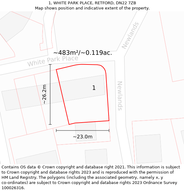 1, WHITE PARK PLACE, RETFORD, DN22 7ZB: Plot and title map