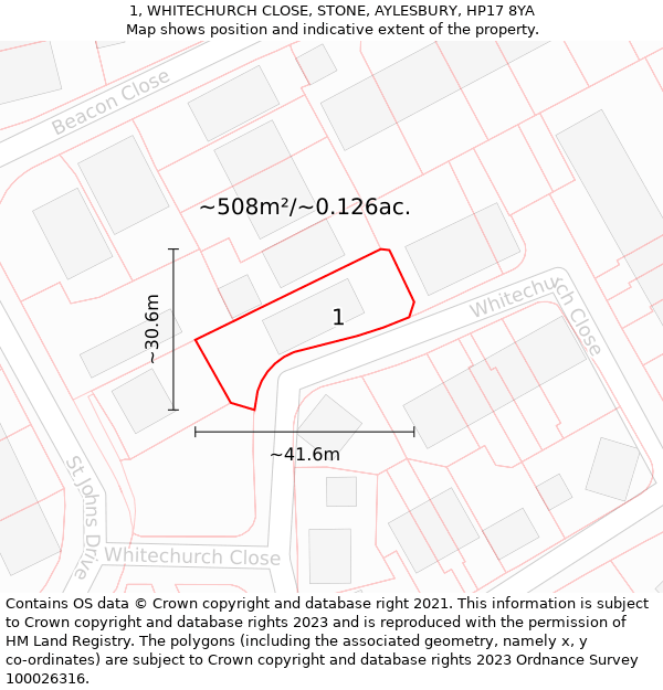1, WHITECHURCH CLOSE, STONE, AYLESBURY, HP17 8YA: Plot and title map