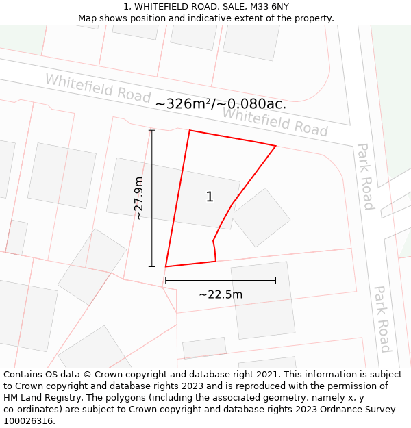 1, WHITEFIELD ROAD, SALE, M33 6NY: Plot and title map