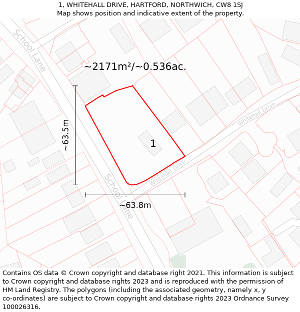 1, WHITEHALL DRIVE, HARTFORD, NORTHWICH, CW8 1SJ: Plot and title map