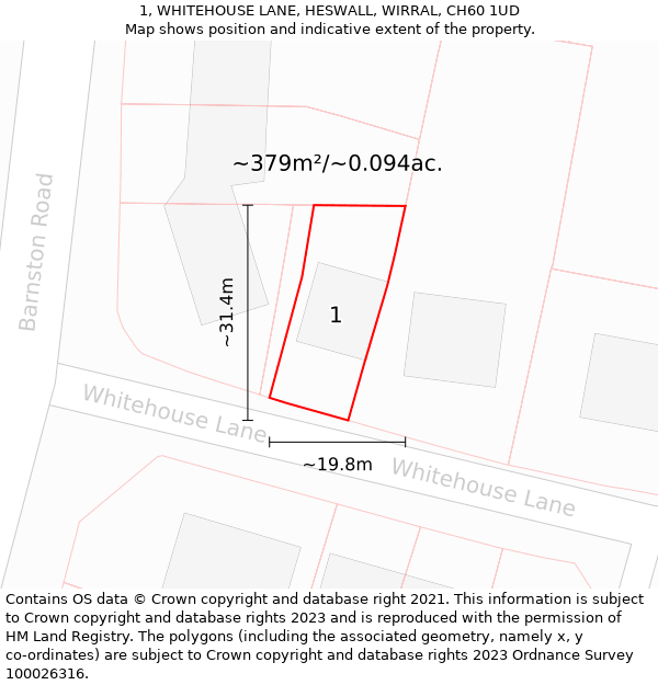 1, WHITEHOUSE LANE, HESWALL, WIRRAL, CH60 1UD: Plot and title map