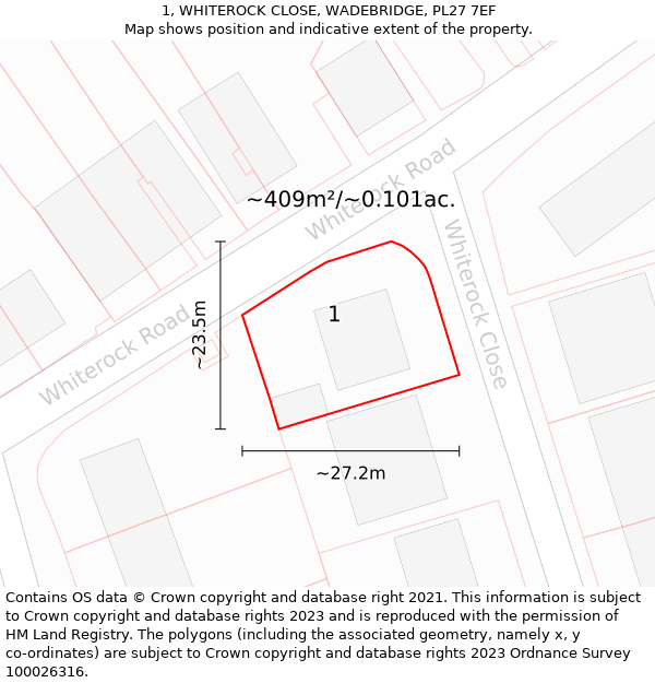 1, WHITEROCK CLOSE, WADEBRIDGE, PL27 7EF: Plot and title map