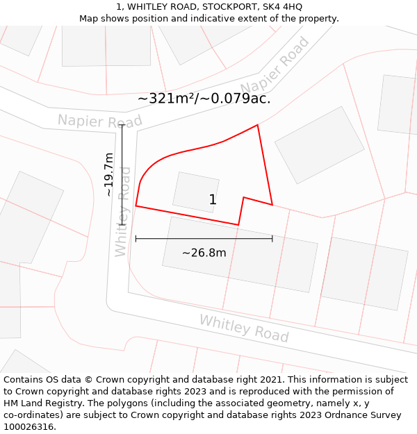 1, WHITLEY ROAD, STOCKPORT, SK4 4HQ: Plot and title map