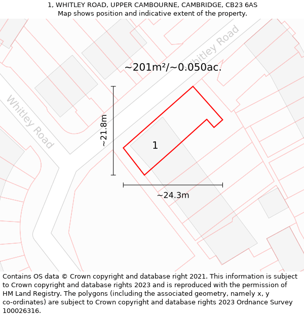 1, WHITLEY ROAD, UPPER CAMBOURNE, CAMBRIDGE, CB23 6AS: Plot and title map