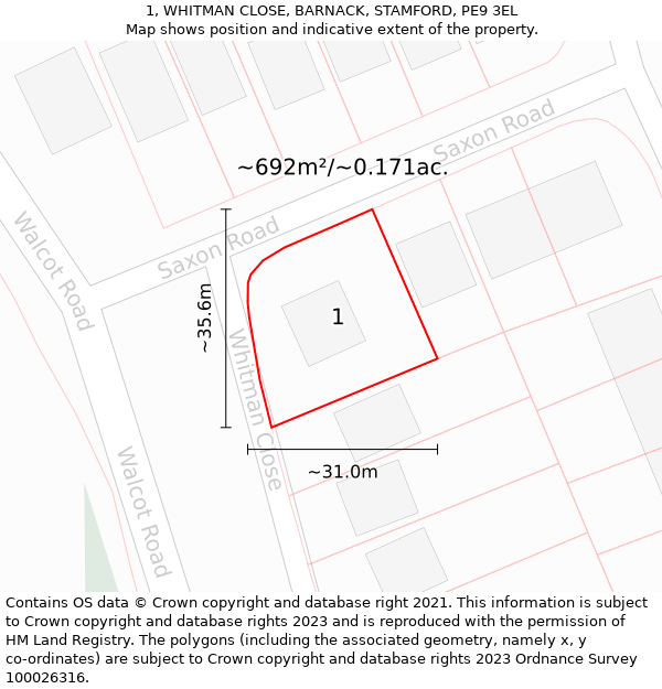 1, WHITMAN CLOSE, BARNACK, STAMFORD, PE9 3EL: Plot and title map