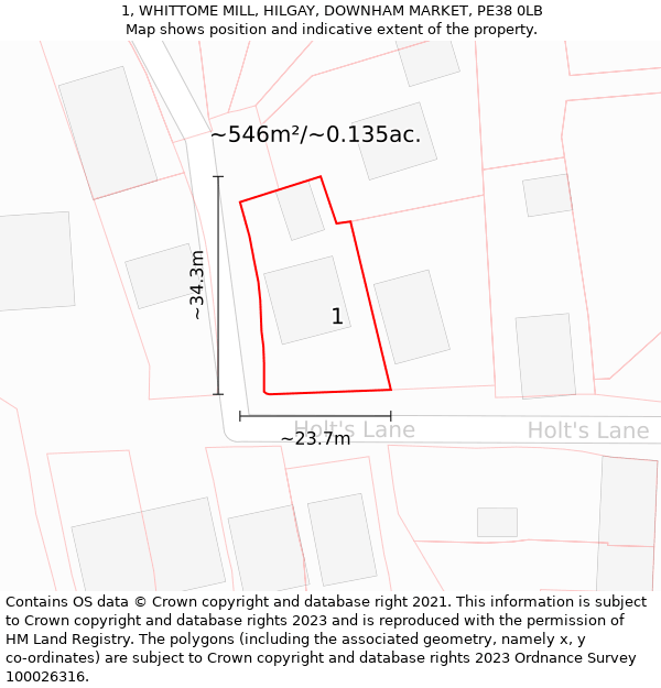 1, WHITTOME MILL, HILGAY, DOWNHAM MARKET, PE38 0LB: Plot and title map