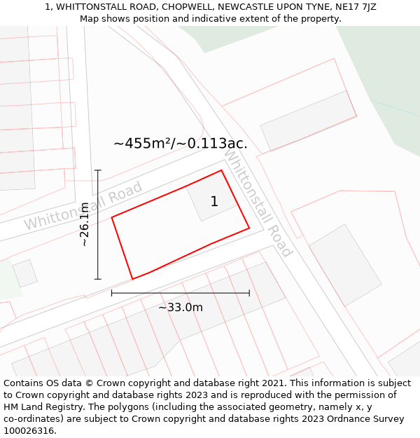 1, WHITTONSTALL ROAD, CHOPWELL, NEWCASTLE UPON TYNE, NE17 7JZ: Plot and title map