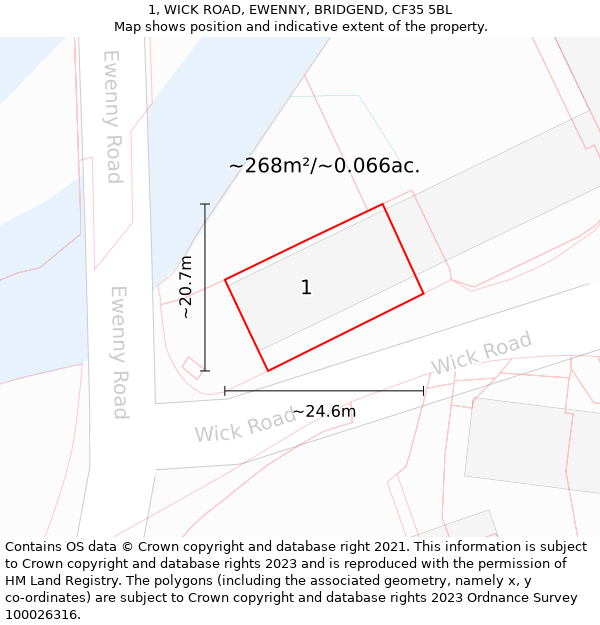 1, WICK ROAD, EWENNY, BRIDGEND, CF35 5BL: Plot and title map