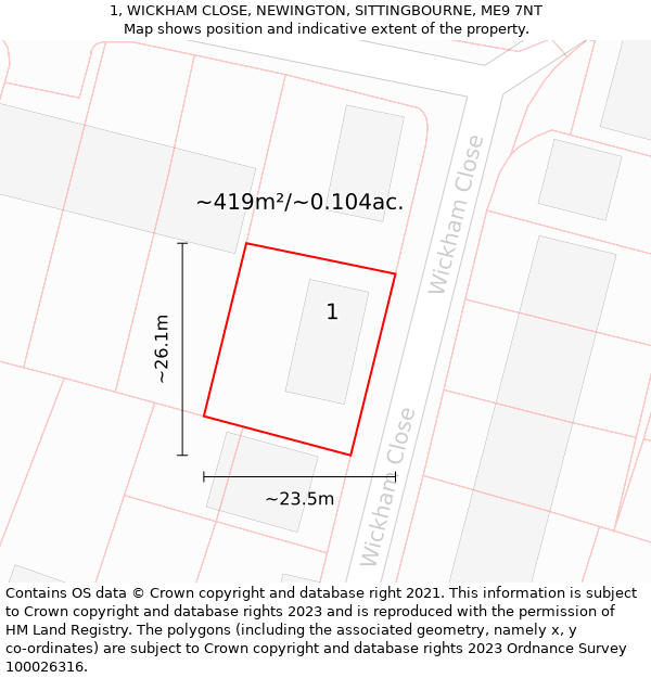 1, WICKHAM CLOSE, NEWINGTON, SITTINGBOURNE, ME9 7NT: Plot and title map