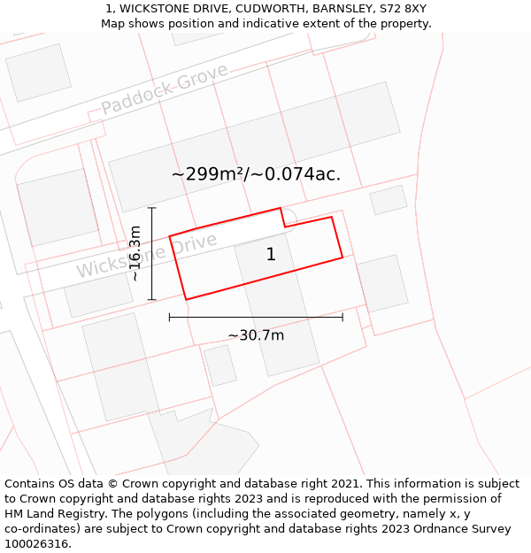 1, WICKSTONE DRIVE, CUDWORTH, BARNSLEY, S72 8XY: Plot and title map