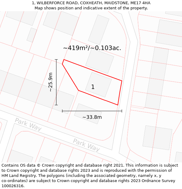 1, WILBERFORCE ROAD, COXHEATH, MAIDSTONE, ME17 4HA: Plot and title map
