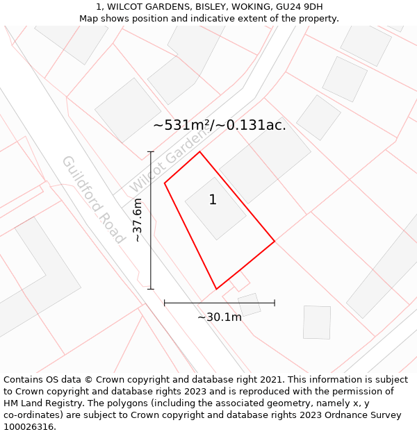1, WILCOT GARDENS, BISLEY, WOKING, GU24 9DH: Plot and title map