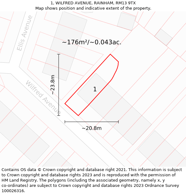 1, WILFRED AVENUE, RAINHAM, RM13 9TX: Plot and title map