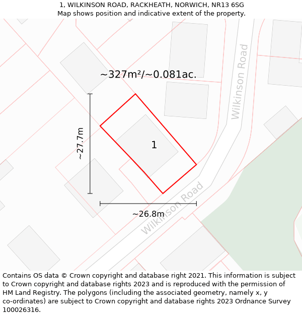 1, WILKINSON ROAD, RACKHEATH, NORWICH, NR13 6SG: Plot and title map