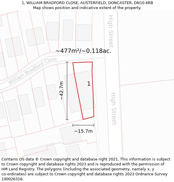 1, WILLIAM BRADFORD CLOSE, AUSTERFIELD, DONCASTER, DN10 6RB: Plot and title map