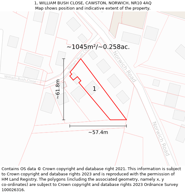 1, WILLIAM BUSH CLOSE, CAWSTON, NORWICH, NR10 4AQ: Plot and title map