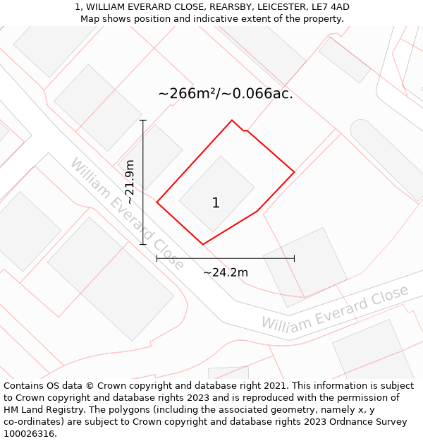 1, WILLIAM EVERARD CLOSE, REARSBY, LEICESTER, LE7 4AD: Plot and title map