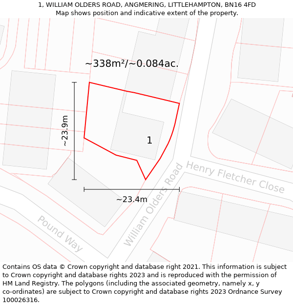 1, WILLIAM OLDERS ROAD, ANGMERING, LITTLEHAMPTON, BN16 4FD: Plot and title map