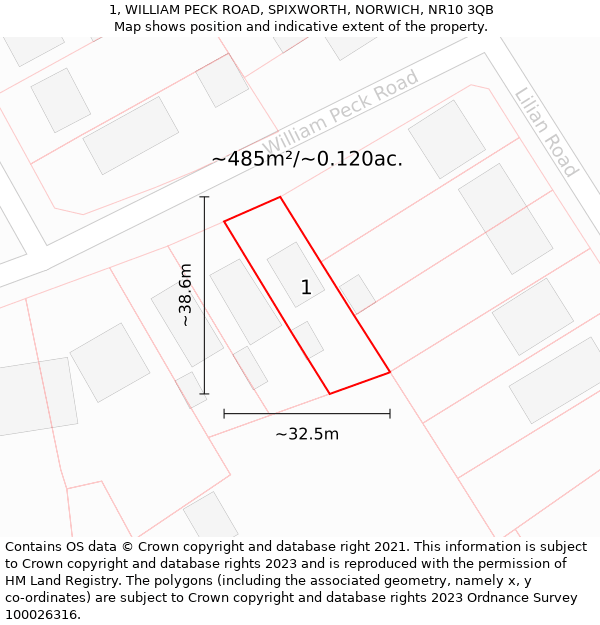 1, WILLIAM PECK ROAD, SPIXWORTH, NORWICH, NR10 3QB: Plot and title map