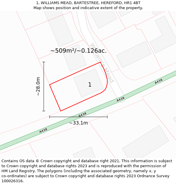 1, WILLIAMS MEAD, BARTESTREE, HEREFORD, HR1 4BT: Plot and title map